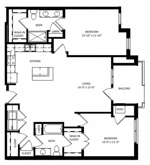 Floor plan for 2 beds, 2 baths, 1224 sqft