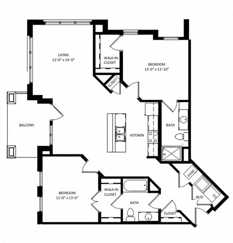 Floor plan for 2 beds, 2 baths, 1229 sqft