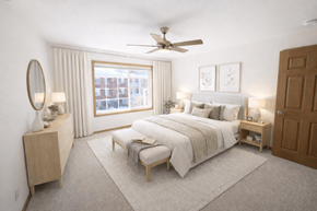 Menomonee Falls apartment for rent - A bedroom with a large bed, a dresser, and a window with curtains.