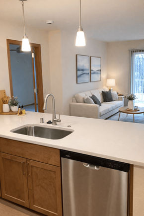 Franklin apartment for rent - A modern kitchen with a stainless steel dishwasher and a white countertop.