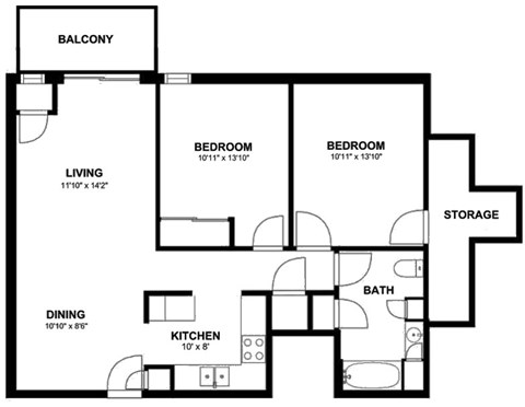Floor plan for 2 beds, 1 bath, 945 sqft