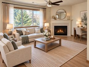 New Berlin apartment for rent - A living room with a fireplace, a sofa, a chair, a coffee table, and a painting on the wall.