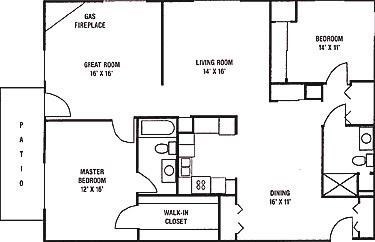 Floor plan for 2 beds, 2 baths, 1401 sqft