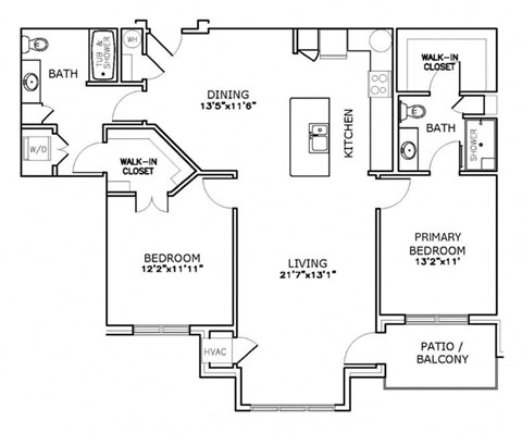 Floor plan for 2 beds, 2 baths, 1225 sqft