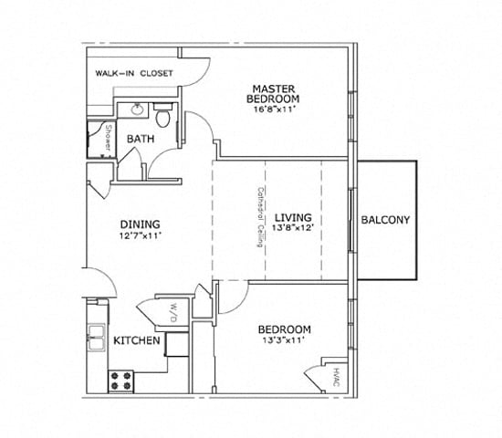 Floor plan for 2 beds, 1 bath, 918 sqft