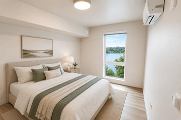 Washougal apartment for rent - A bedroom with a large bed and a window overlooking a body of water.