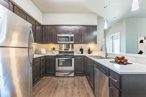 Beaverton apartment for rent - A modern kitchen with dark wood cabinets and stainless steel appliances.
