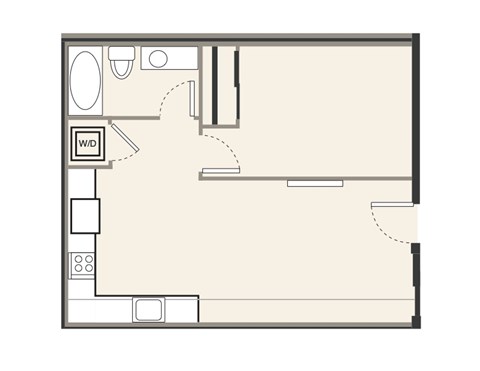 Floor plan for 1 bed, 1 bath, 565 sqft
