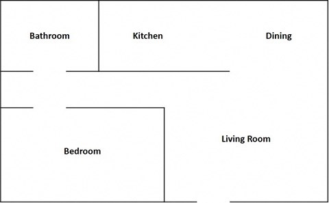Floor plan for 1 bed, 1 bath, 567 sqft