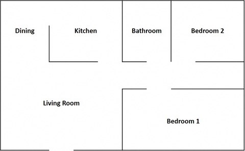 Floor plan for 2 beds, 1 bath, 650 sqft