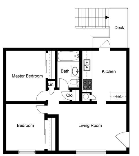 Floor plan for 2 beds, 1 bath, 750 sqft