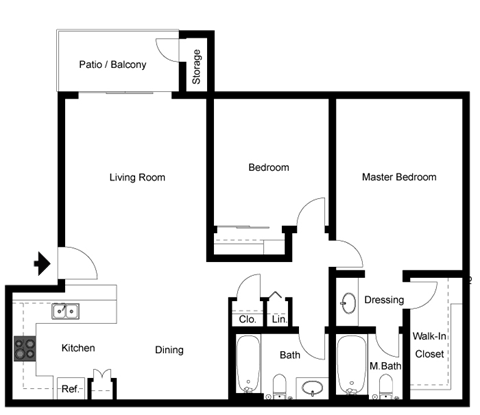 Floor plan for 2 beds, 2 baths, 960 sqft