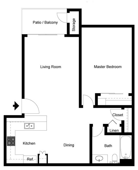Floor plan for 1 bed, 1 bath, 650 sqft