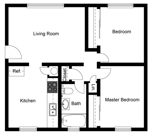 Floor plan for 2 beds, 1 bath, 738 sqft