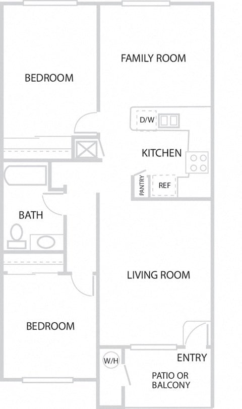 Floor plan for 1 bed, 1 bath, 640 sqft