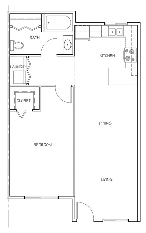 Floor plan for 1 bed, 1 bath, 744 sqft
