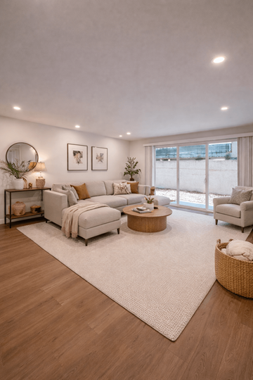 Los Angeles apartment for rent - A modern living room with a white sofa set, a wooden coffee table, and a large window.