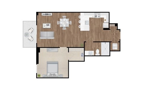 Floor plan for 1 bed, 1 bath, 717 sqft