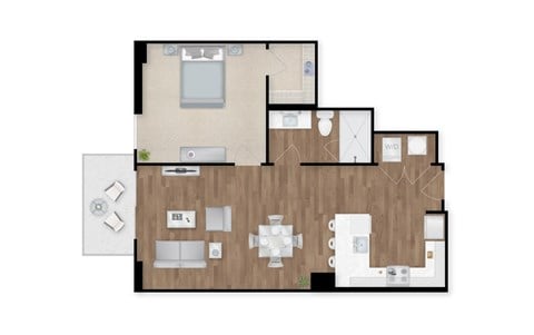 Floor plan for 1 bed, 1 bath, 733 sqft