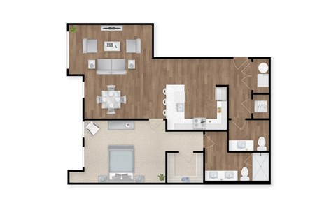 Floor plan for 1 bed, 1.5 baths, 1058 sqft