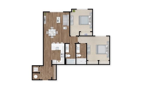 Floor plan for 2 beds, 2 baths, 1075 sqft