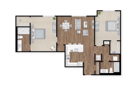 Floor plan for 2 beds, 2 baths, 1221 sqft