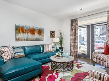 Mebane apartment for rent - a living room with a blue couch and a rug    and a door