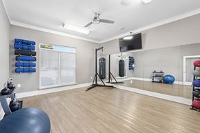 Mebane apartment for rent - A spacious room with a mirror, exercise equipment, and a ceiling fan.