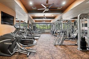 Denton apartment for rent - A gym with a variety of equipment including treadmills, weights, and a television.
