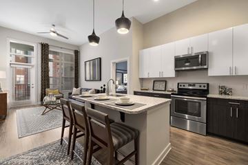 Raleigh apartment for rent - an open kitchen and living room with a table and chairs