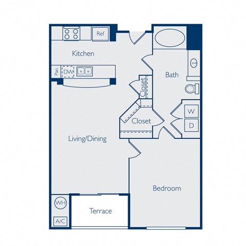 Floor plan for 1 bed, 1 bath, 707 sqft