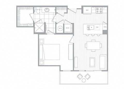 Floor plan for 1 bed, 1 bath, 687 sqft