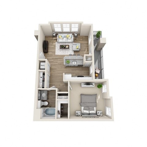 Floor plan for 1 bed, 1 bath, 713 sqft