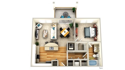 Floor plan for 1 bed, 1 bath, 733 sqft