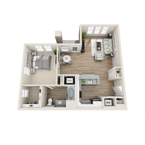 Floor plan for 1 bed, 1 bath, 878 sqft