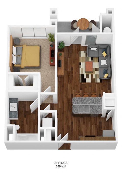 Floor plan for 1 bed, 1 bath, 635 sqft