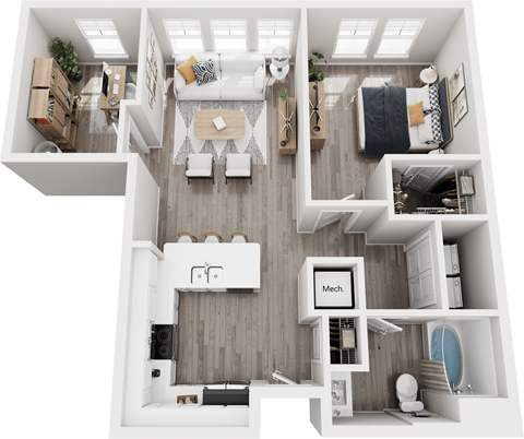 Floor plan for 1 bed, 1 bath, 832 sqft