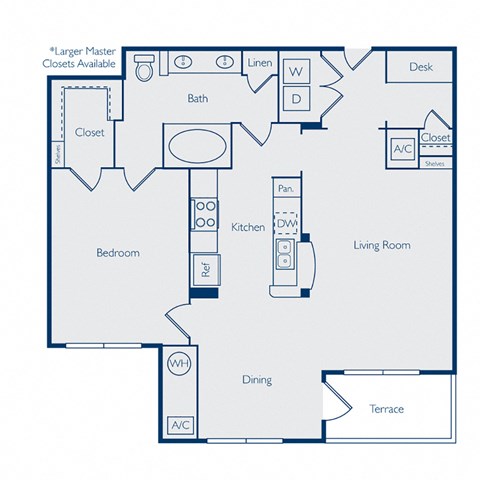 Floor plan for 1 bed, 1 bath, 939 sqft