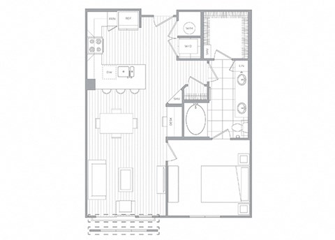 Floor plan for 1 bed, 1 bath, 789 sqft
