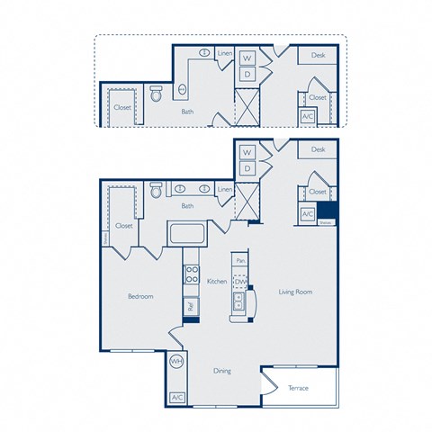 Floor plan for 1 bed, 1 bath, 1070 sqft