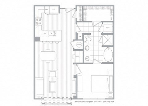 Floor plan for 1 bed, 1 bath, 852 sqft