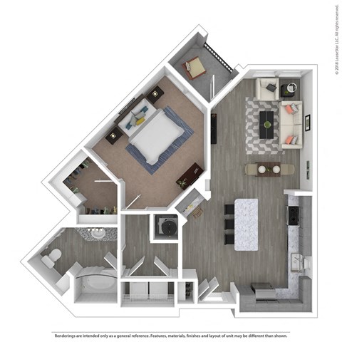 Floor plan for 1 bed, 1 bath, 881 sqft