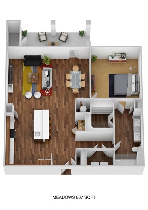 Floor plan for 1 bed, 1 bath, 867 sqft