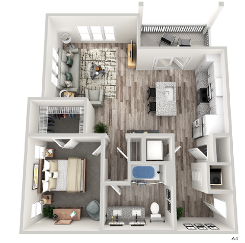 Floor plan for 1 bed, 1 bath, 848 sqft