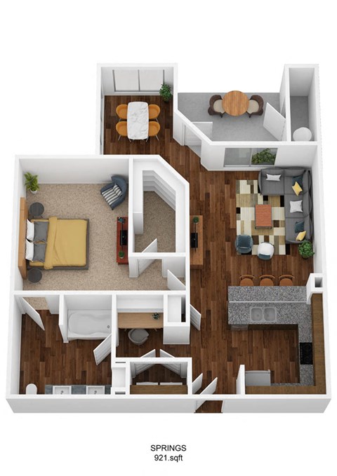 Floor plan for 1 bed, 1 bath, 921 sqft