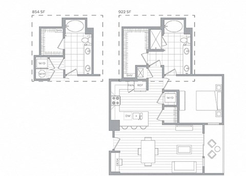 Floor plan for 1 bed, 1 bath, 913 sqft