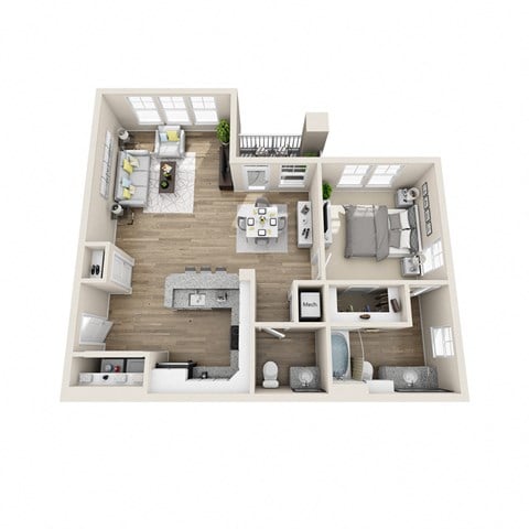 Floor plan for 1 bed, 1.5 baths, 878 sqft