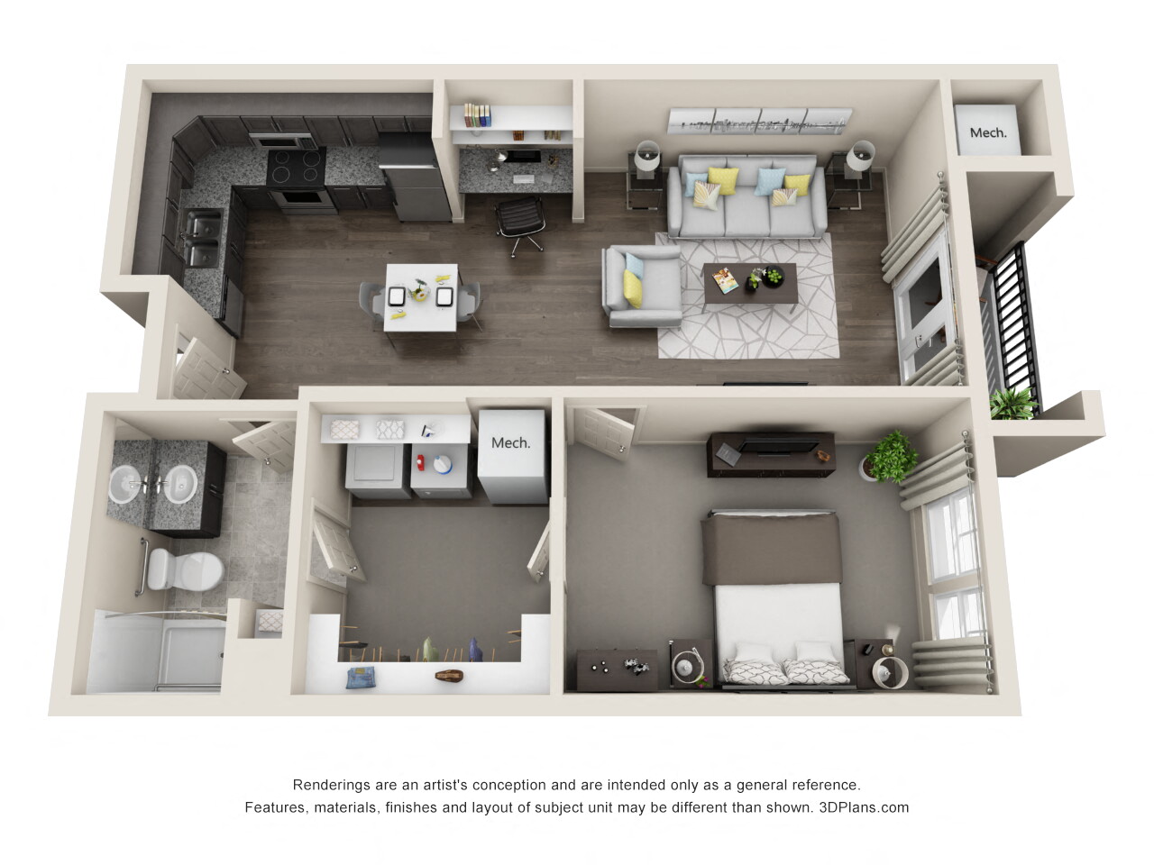 Floor plan for 1 bed, 1 bath, 724 sqft