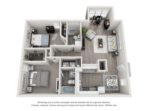Floor plan for 2 beds, 2 baths, 1002 sqft