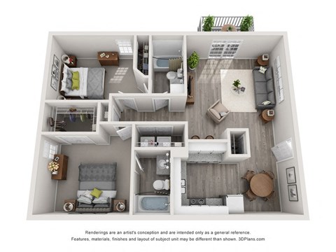 Floor plan for 2 beds, 2 baths, 932 sqft
